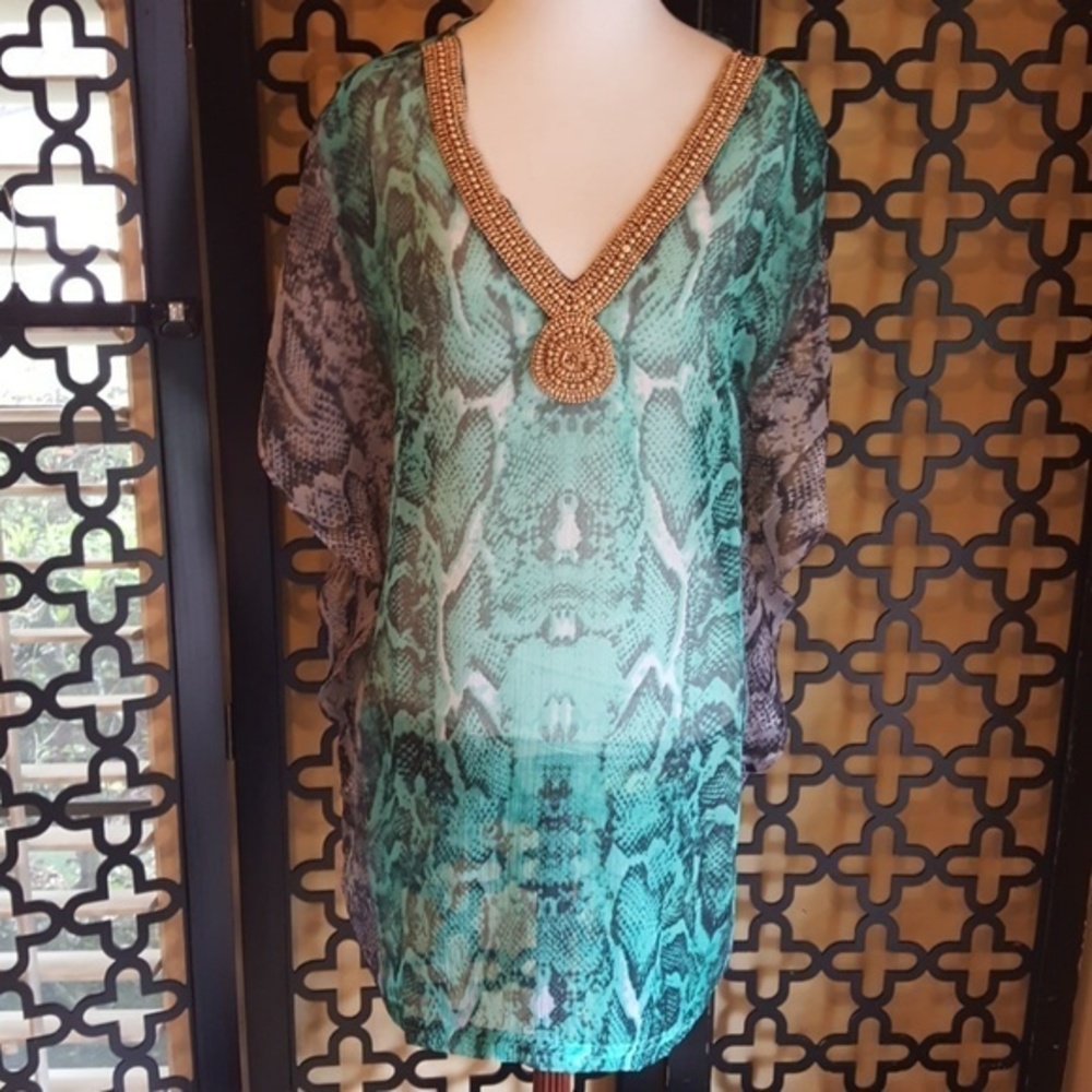 NWT GREEN GOLD BEADED‎ SWIM TUNIC/COVERUP SIZE SMALL